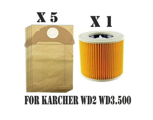 Cartridge Filter | Paper Dust Bags For Karcher Wet & Dry WD2240 WD2200 Vacuum Cleaners | Pack of 1 Filter + 5 Bags