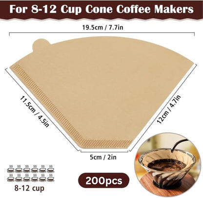 200 Count #4 Cone Coffee Filters 8-12 Cup – Natural, Unbleached, Chlorine-Free Paper for Pour Over & Drip Coffee Makers