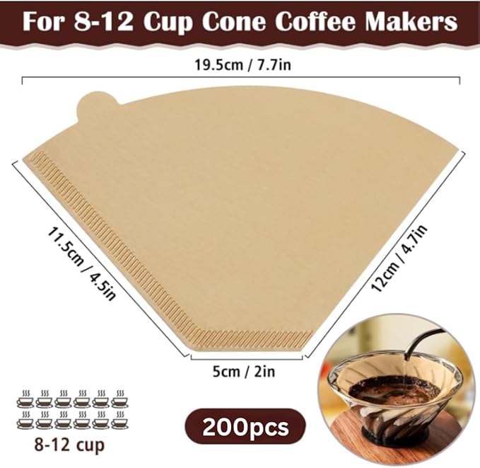 Natural #4 Cone Coffee Filters 8-12 Cup – 200 Unbleached, Chlorine-Free Filters for Pour Over & Drip Coffee Makers