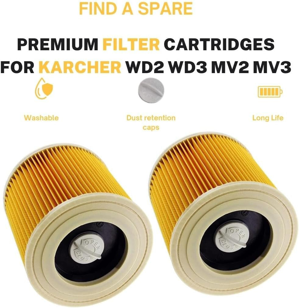 2 Pack Replacement Washable Filters for Karcher WD2.200 WD3.500 Wet Dry Vacuum