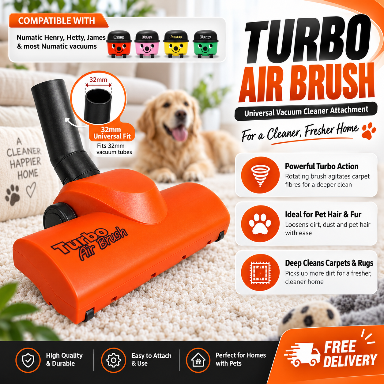 Airo Turbo Brush Floor Tool Compatible with Henry Hetty Numatic Vacuum Cleaners