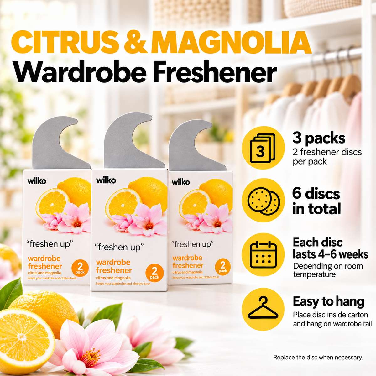 Title: Hanging Wardrobe Freshener Citrus Blossom Scent 3 Pack + 3 Free Refills