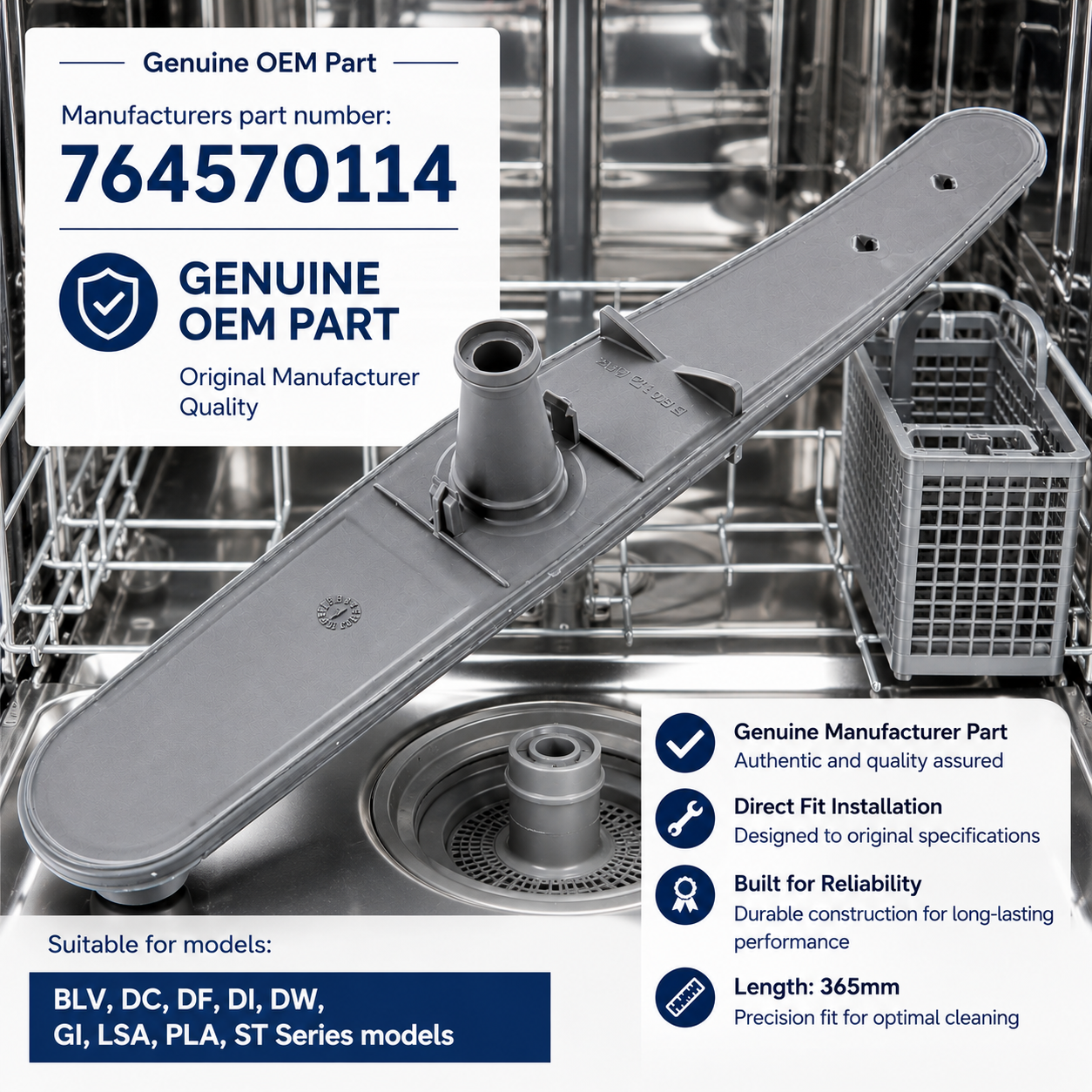 365mm Dishwasher Bottom Spray Arm Assembly Compatible with Smeg 764570114