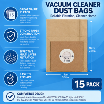 20 Pack Vacuum Cleaner Paper Dust Bags for Bush VCB35B15C1J7W-70 Argos VC-402