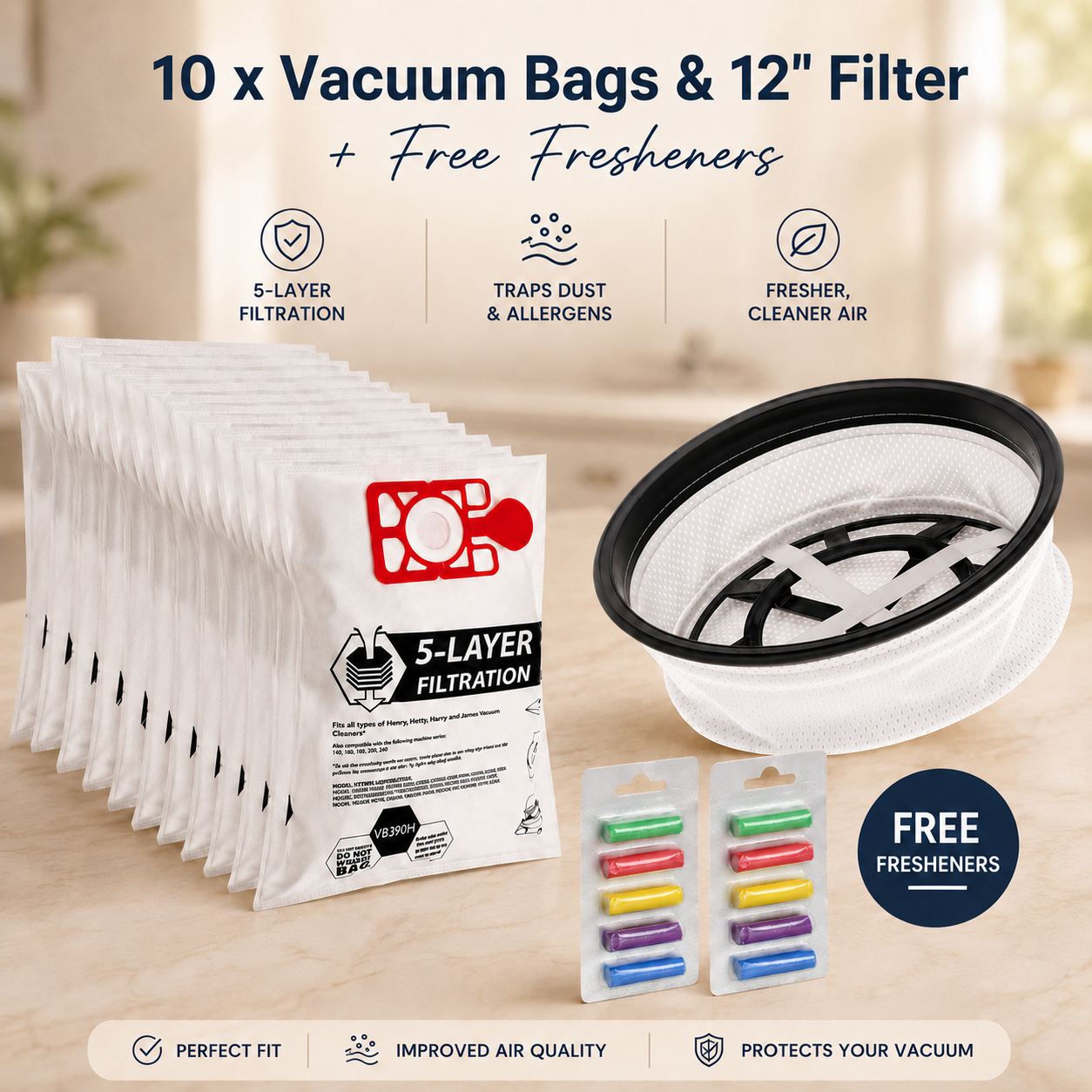 HVR160 Compatible Vacuum Dust Bags 10 Pack with 12 Inch Round Replacement Filter