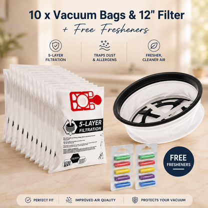 HVR160 Compatible Vacuum Dust Bags 10 Pack with 12 Inch Round Replacement Filter