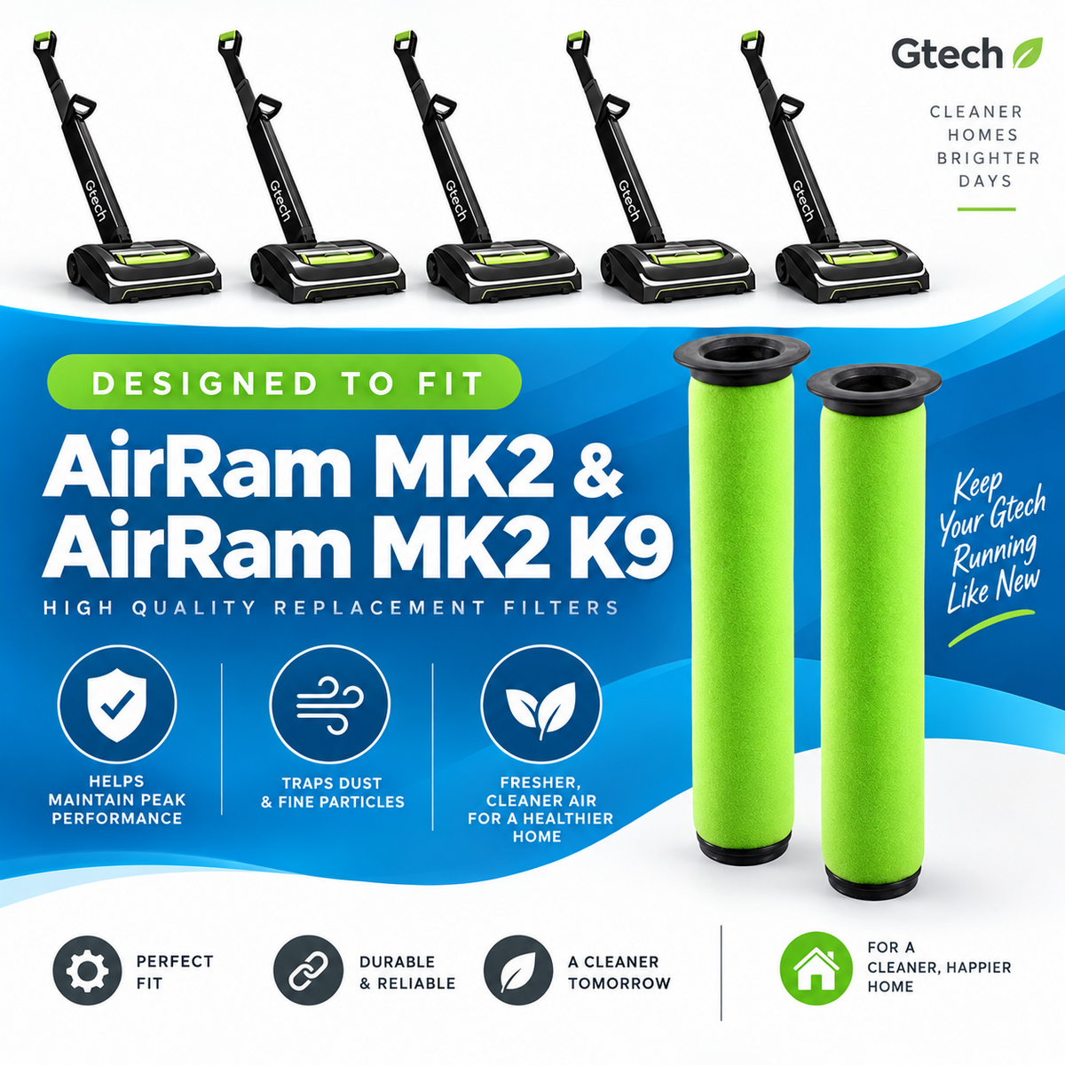 Gtech AirRam K9 MK2 Washable Vacuum Cleaner Filters 2 Pack