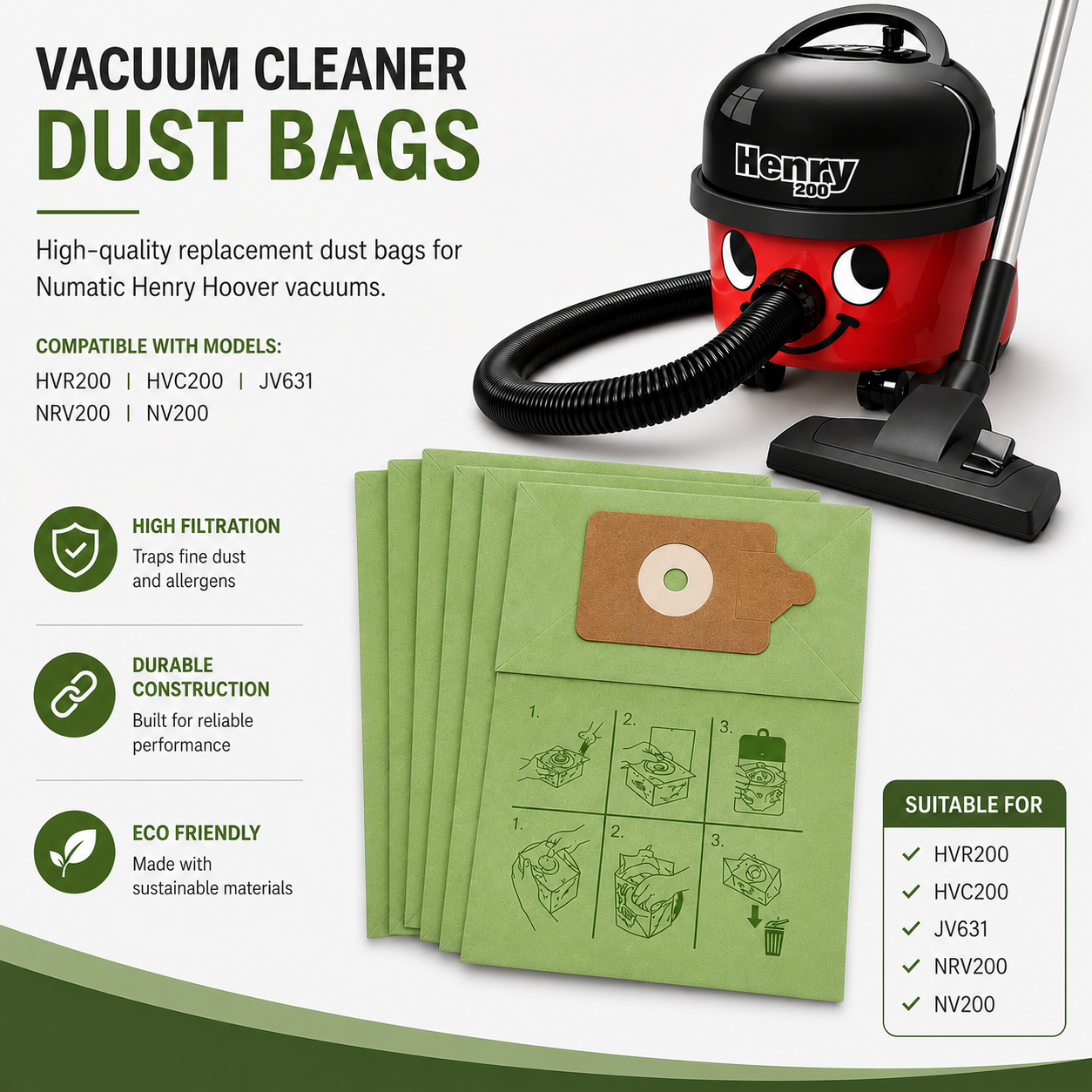20 Vacuum Dust Bags with 10 Air Fresheners Compatible with Henry Hetty James