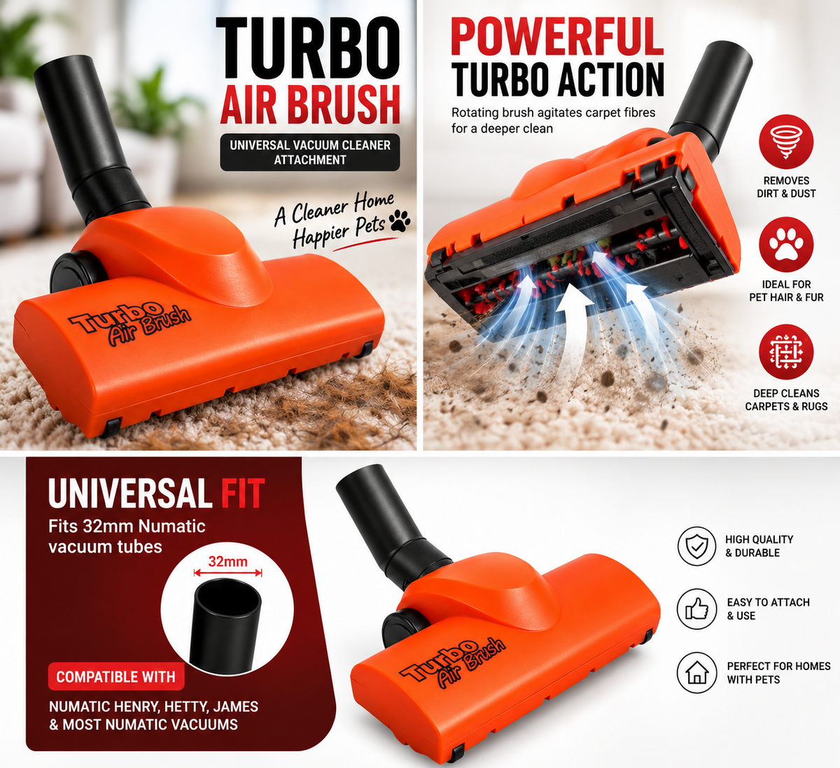 Red Turbo Floor Tool for Henry Hetty Numatic Vacuum Cleaner Airo Turbine Carpet Brush
