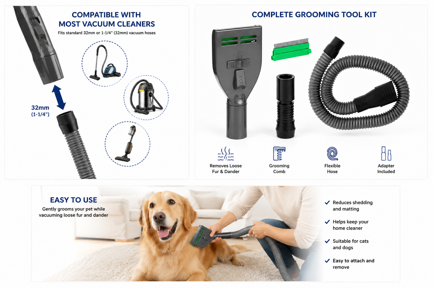 Pet Hair Grooming Vacuum Brush Attachment with Flexible Extension Hose Cleaner