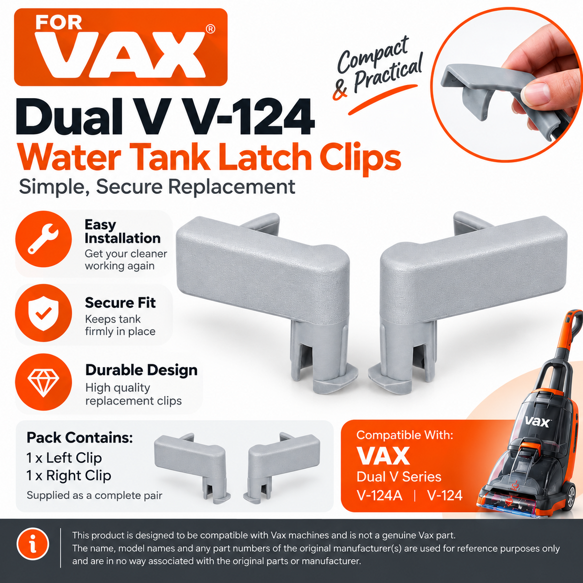 Tank Latch Clips for VAX Dual V V-124 Carpet Cleaner Water Container