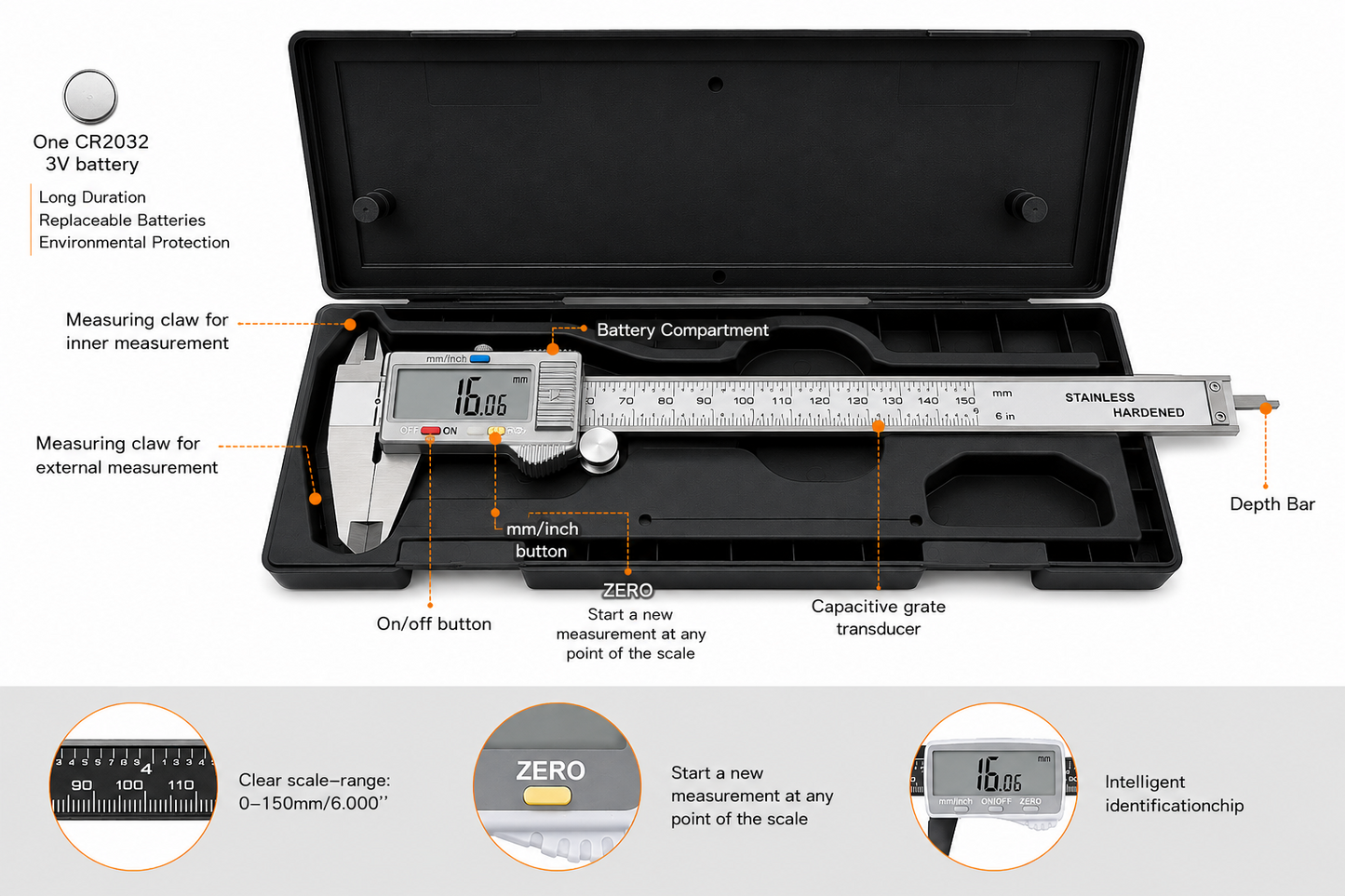 6 Inch Digital Vernier Caliper 150mm Stainless Steel Electronic Measuring Tool