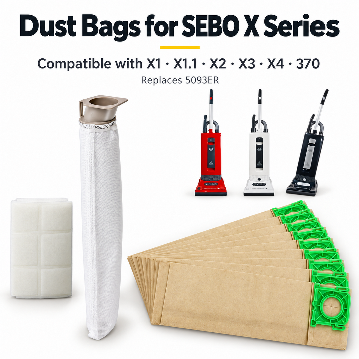5093ER Vacuum Dust Bags Compatible with SEBO X Series XP30 X1 X4 X7 X8 X10 370