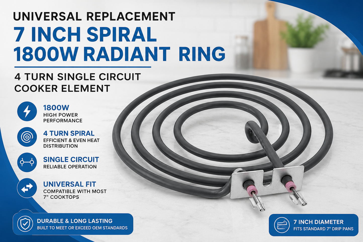 7 Inch 1800W Cooker Radiant Ring 240V 4 Turn Replacement Heating Element