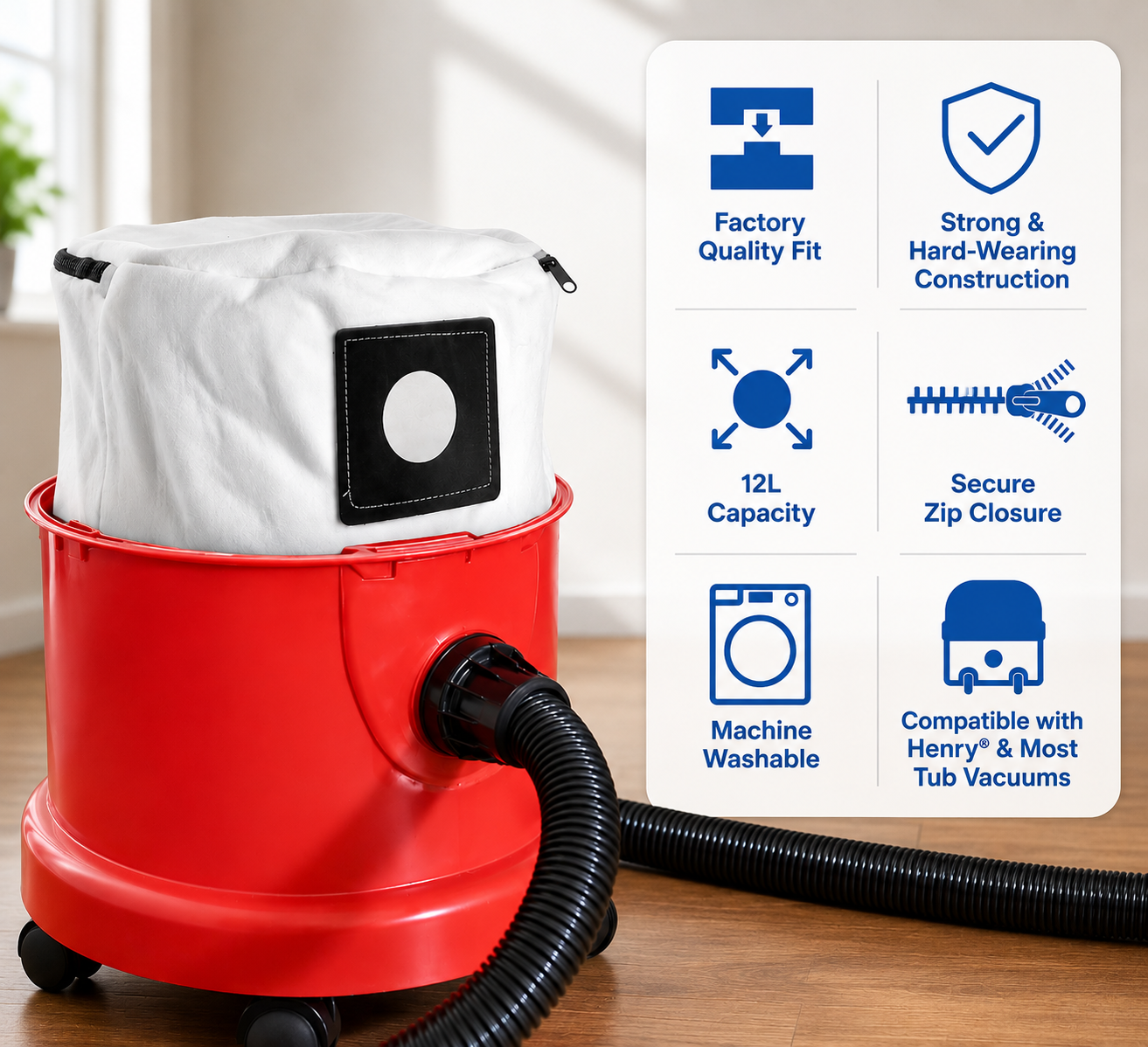 3 Pack Washable Cloth Dust Bags Compatible with Henry NVQ250 Hetty Edward James Vacuum Cleaners