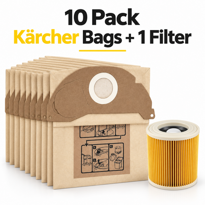 Karcher WD2 WD3 Vacuum Cleaner Dust Bags & Filter Replacement Set 10 Pack
