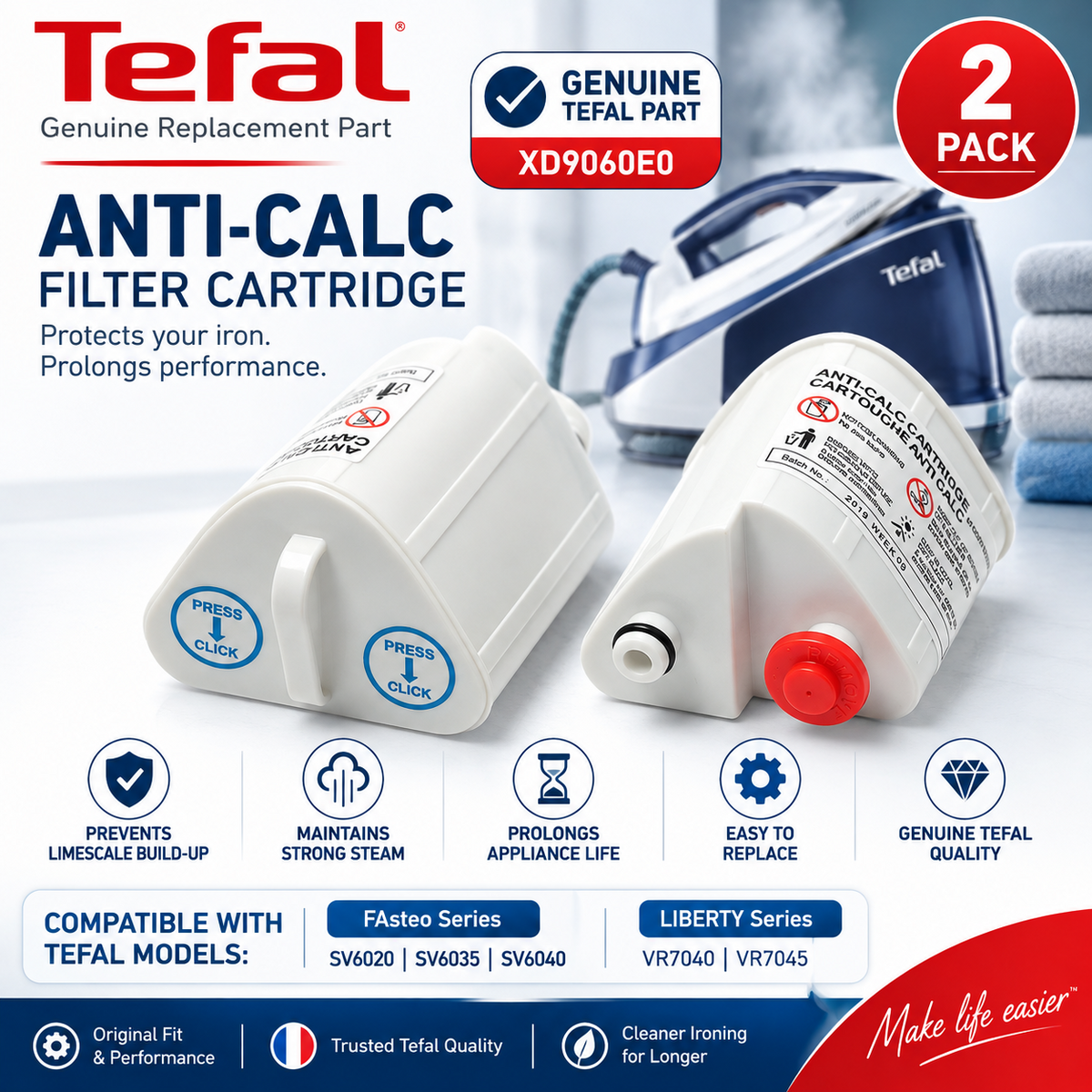 Genuine Tefal XD9060E0 Anti Calc Filter Cartridges Fasteo SV6020 SV6035 SV6040 2 Pack