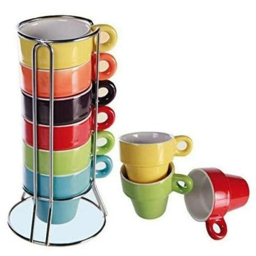 Small Espresso Cups Set Tea Mugs 60ML Stackable Set of 6 Coffee Cup with Cups Stand